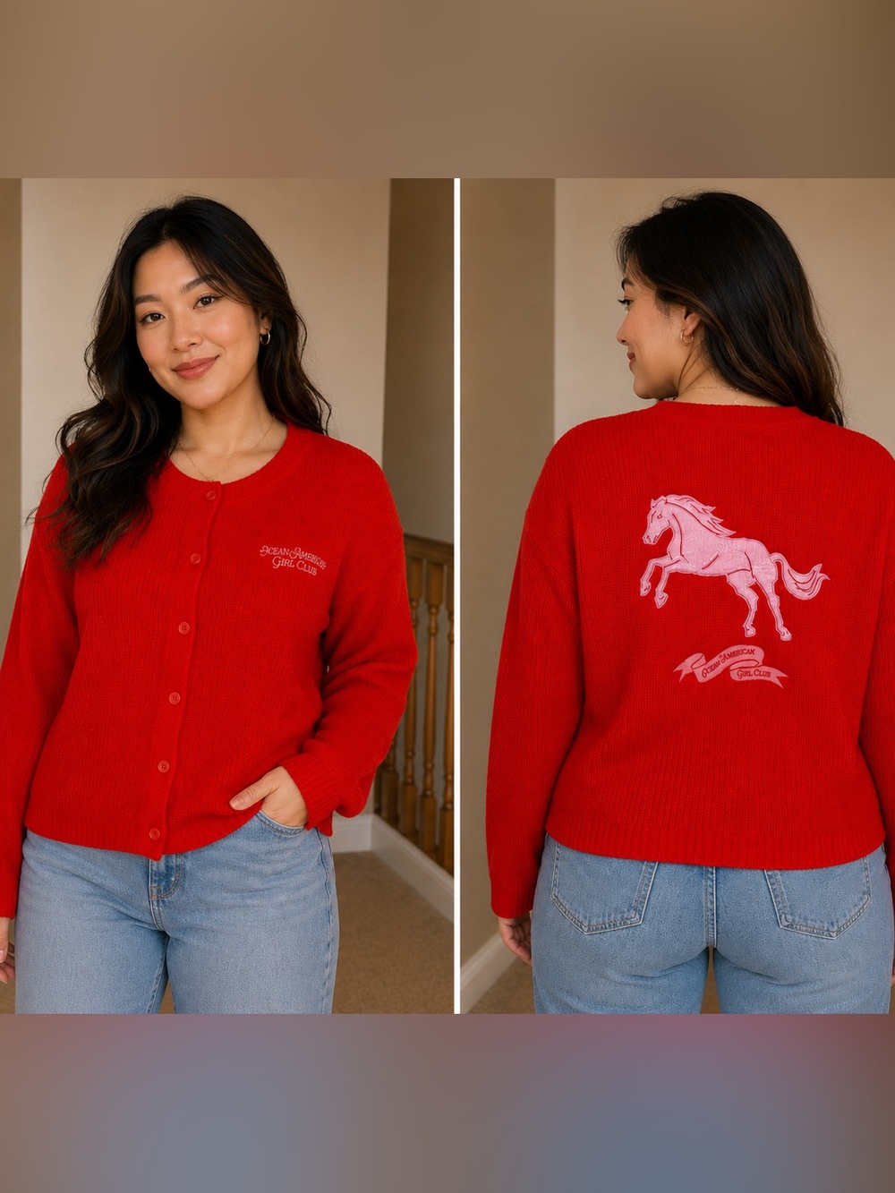 Asian American Girl Red Cardigan Sweater with Pink Horse Embroidery